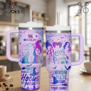 Hocus Pocus Sanderson Sisters Personalized 40oz Stanley Tumbler featuring purple gradient graphics, witch silhouettes, text.