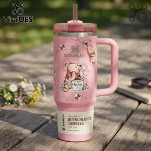 Winnie the Pooh Floral Pink 40oz Stanley Tumbler featuring Winnie the Pooh holding a honey pot and small bees.