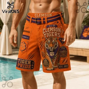 Clemson Tigers Orange Casual Shorts featuring a tiger graphic, Memorial Stadium badge, and team text on a poolside background.
