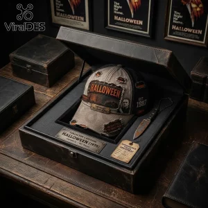 Halloween Michael Myers 2026 distressed baseball cap inside a velvet-lined collector box with a miniature replica knife.