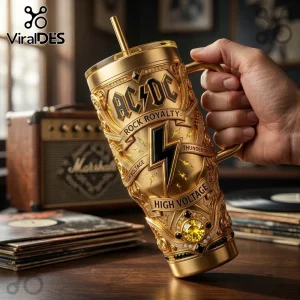 AC/DC Rock Royalty Engraved 40oz Stanley Tumbler in metallic gold featuring a black lightning bolt and intricate detailing.
