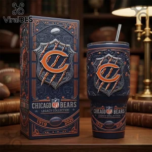 Chicago Bears Legacy Collection 40oz Stanley Tumbler with navy blue and orange relief detailing and NFL team branding.