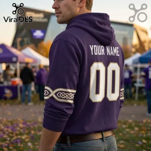 Minnesota Vikings Rivalries Custom Name Hoodie in purple with gold number 00 and Norse knotwork detailing on the sleeve.