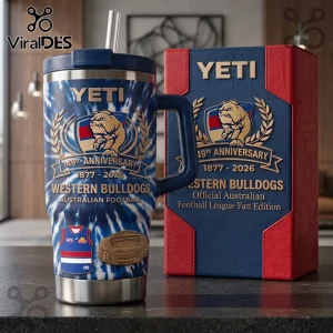 Western Bulldogs 149th Anniversary YETI Stanley Tumbler with blue tie-dye pattern, team logo, and matching gift box.