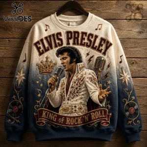 Elvis Presley The King Lives On Blue Ombre Ugly Sweater featuring Elvis at a microphone with crown and vinyl record icons.