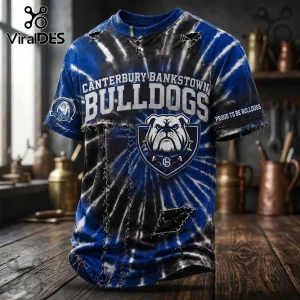 Canterbury Bankstown Bulldogs mascot shirt with blue and black tie-dye pattern, distressed fabric, and team logo graphics.