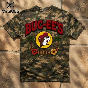 Buc-ee's Camouflage Limited Edition Shirt featuring a central beaver mascot logo with palm trees and hibiscus flowers.