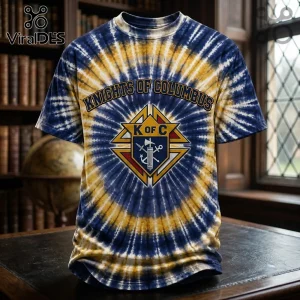 Knights of Columbus Premium Tie Dye T-Shirt featuring a blue and yellow sunburst pattern with a central K of C emblem.