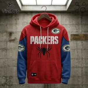 Green Bay Packers x Spider-Man Brand New Day hoodie featuring a red and blue web pattern, team logo, and spider graphic.