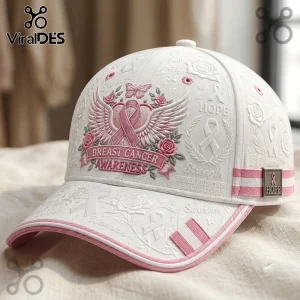 Breast Cancer Awareness 2026 Rose Baseball Cap with white fabric, pink ribbon embroidery, angel wings, and floral motifs.