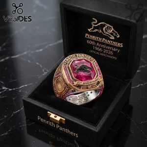 Penrith Panthers 60th Anniversary Gold Ring featuring a red stone, black panther emblem, and engraved team history details.
