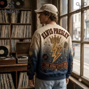 Elvis Presley The King Lives On Blue Ombre Ugly Sweater featuring a central lightning bolt, crown, and record icons.
