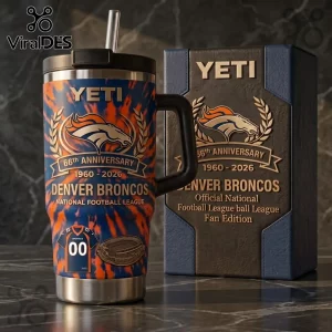 Denver Broncos 66th Anniversary 40oz Stanley Tumbler featuring orange and blue tie-dye patterns, team logos, and straw lid.