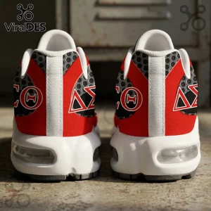 Delta Sigma Theta Sorority Performance Air Max Plus shoes with red and black Greek symbols on a white sole back view.