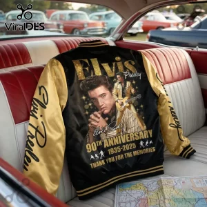 Elvis Presley 90th Anniversary Black Gold Baseball Jacket with back graphic of the singer and gold metallic lettering.