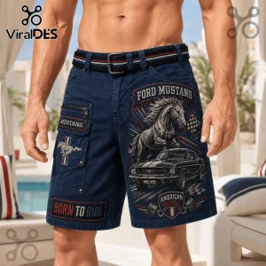 Ford Mustang American Muscle Navy Blue Casual Shorts featuring a detailed pony logo, classic car graphic, and cargo pockets.