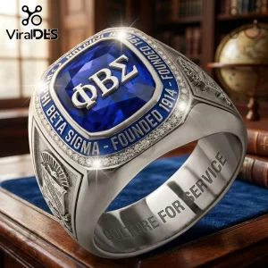Phi Beta Sigma Engraved Silver Ring featuring a central blue stone, Greek letters, and Culture for Service lettering.