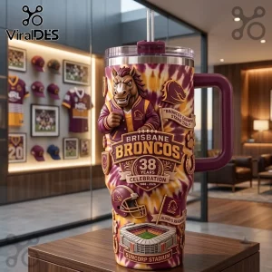 Brisbane Broncos 38th Anniversary YETI Stanley Tumbler featuring team mascot, stadium graphic, and maroon and gold colors.