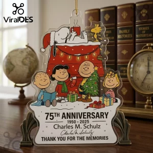 Peanuts Snoopy 75th Anniversary Christmas Ornament featuring Snoopy, Charlie Brown, and friends on a clear acrylic stand.