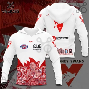 Sydney Swans White Indigenous Pattern Hoodie featuring red dot art, AFL logo, QBE branding, and team emblems on fabric.