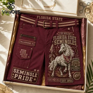 Florida State Seminoles Maroon Cargo Shorts featuring Renegade horse, Doak Campbell Stadium graphics, and team patches.