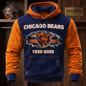 Chicago Bears 1920-2026 Navy Blue Hoodie with orange sleeves, distressed bear graphic, and front kangaroo pocket.