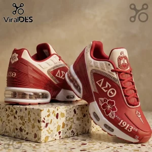 Delta Sigma Theta Red Edition Air Max Plus Sneakers featuring crimson panels, cream accents, Greek letters, and 1913.