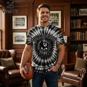 Collingwood Magpies AFL Black Tie Dye Shirt featuring a central magpie crest logo on a monochrome swirl background.
