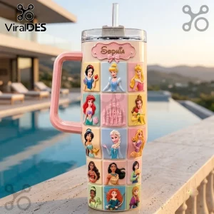 Sophia Magic Princess Limited Edition 40oz Tumbler with 3D embossed Disney princess icons and custom name tag on a patio.