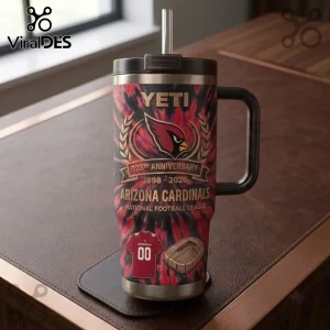 Arizona Cardinals Tie-Dye 40 oz Handle Tumbler with red and black pattern, NFL team logo, and anniversary commemorative text.