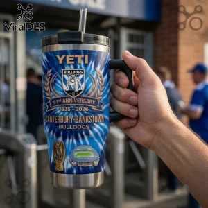 Canterbury-Bankstown Bulldogs 91st Anniversary Stanley Tumbler with blue tie-dye pattern, stadium graphic, and team logo.
