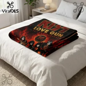 KISS Love Gun 50th Anniversary fleece blanket featuring the band members, red fiery background, and gold anniversary logo.