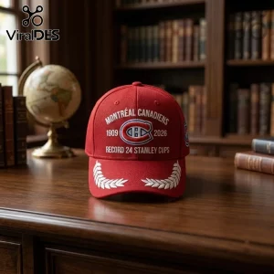 Montreal Canadiens 24 Stanley Cups snapback cap in red with embroidered team logo, dates 1909 to 2026, and white laurel leaf.