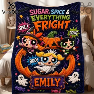 Powerpuff Girls Personalized Halloween Fright Fleece Blanket featuring Blossom, Bubbles, and Buttercup in costumes.