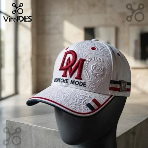 Depeche Mode 1980 Embroidered Baseball Cap in white with red DM lettering and rose emblem on a mannequin head.