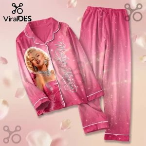 Marilyn Monroe 100th Anniversary Pink Satin Pajama Set featuring a portrait, cursive text, and white piping details.