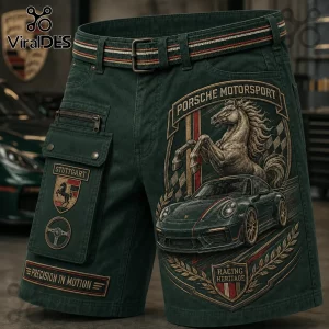 Porsche Motorsport Embossed Cargo Casual Shorts in dark green cotton with racing car graphics and Stuttgart logo embroidery.