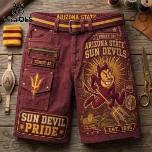 Arizona State Sun Devils Casual Shorts in maroon with yellow logos, text, side pockets, and embroidery on wood background.