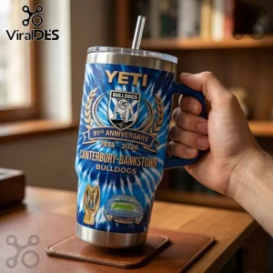Canterbury-Bankstown Bulldogs 91st Anniversary Stanley Tumbler with blue tie-dye pattern, team logo, and steel straw.