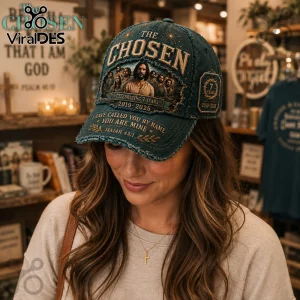 The Chosen 7th Anniversary Premium Denim Cap in distressed blue fabric featuring graphic art and Isaiah 43:1 text.