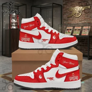 Arsenal FC 2026 Premier League Air Jordan High Top Sneakers featuring white leather, red overlays, and personalized text.