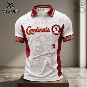 St. Louis Cardinals Busch Stadium embossed polo shirt with white base, red accents, player graphic, and team logo details.