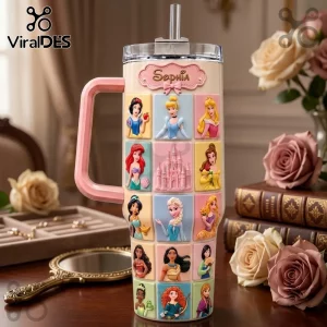 Sophia Magic Princess Limited Edition 40oz Tumbler with a grid of iconic fairy tale characters on a cream background.