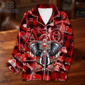 Delta Sigma Theta Red Plaid Elephant Pajama Set featuring Greek letters, custom text, and ornate elephant graphic art.