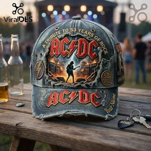 AC/DC 53rd Anniversary Custom Denim Baseball Cap featuring a distressed blue wash, band logo, and concert stage graphic.