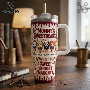 Personalized Horror Movie Character 40oz Stanley Tumbler featuring Christmas ice cream cone icons and custom name text.