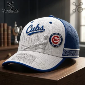MLB Chicago Cubs 150th Anniversary Baseball Cap featuring a white crown, embossed player graphic, and blue trim details.