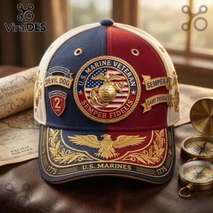 US Marine Corps Veteran Semper Fidelis baseball cap with gold eagle emblem, red and blue panels, and military patches.