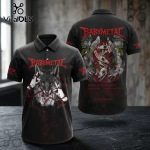 Babymetal World Tour 2026 Wolf Logo Polo Shirt featuring black fabric with red wolf artwork and band branding.