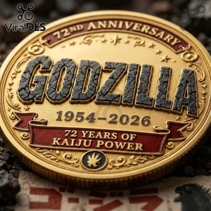 Godzilla 72nd Anniversary 1954-2026 coin featuring gold finish, black textured lettering, and a red decorative banner.